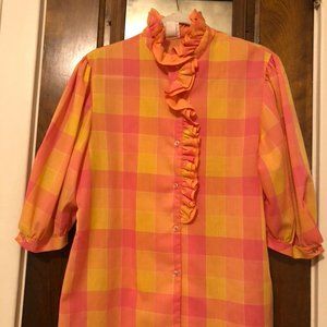 Vintage Button-up Plaid Blouse Ruffle Collar Pink and Orange 12